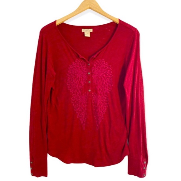 Lucky Brand Red Floral Embroidered Long Sleeve Top, Size Medium - Picture 1 of 11